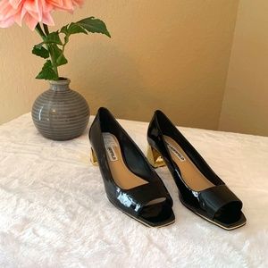 Karl Lagerfeld Black Peep Toe Shoes w/ Gold Heel 7